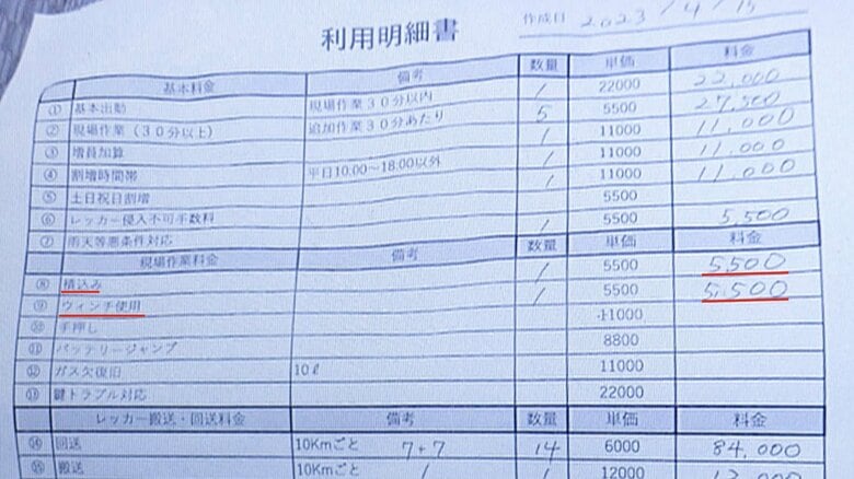 レッカー業者の利用明細書