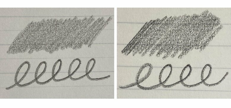 鉛筆でツルサラ系（左）とふんわり系を比較。ツルサラ系は軽い書き心地で均質に。ふんわり系に寄るほど木炭のような味が出る（画像提供：大栗紙工）