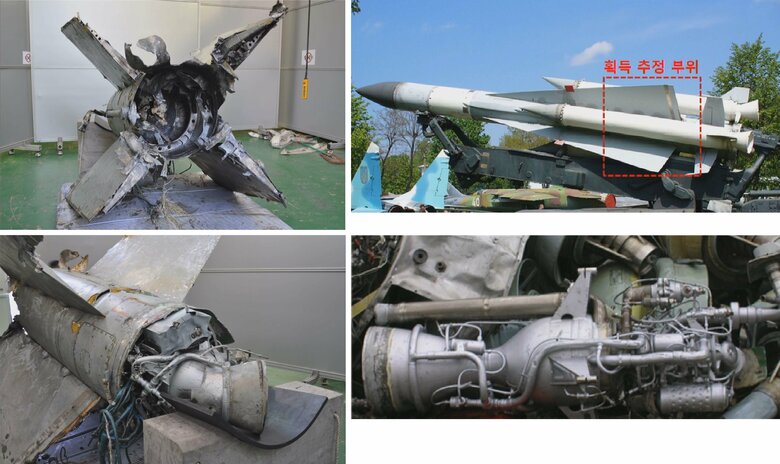 左上下：韓国軍が回収したミサイルの残骸（SA-5と推定）　右上：SA-5ミサイル（資料）　右下：SA-5ミサイルのエンジン（資料：韓国国防省提供）