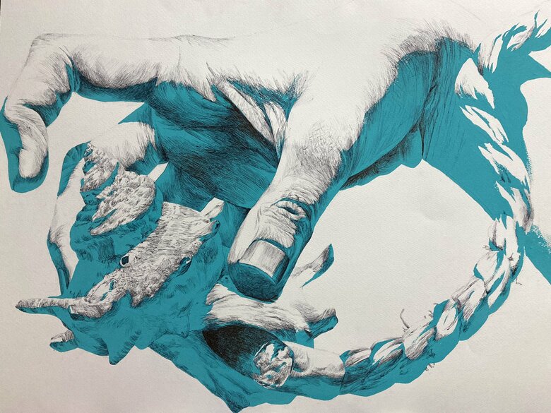 絵の具とボールペンで描いたお気に入りの緑と黒の絵（提供：ななさん）