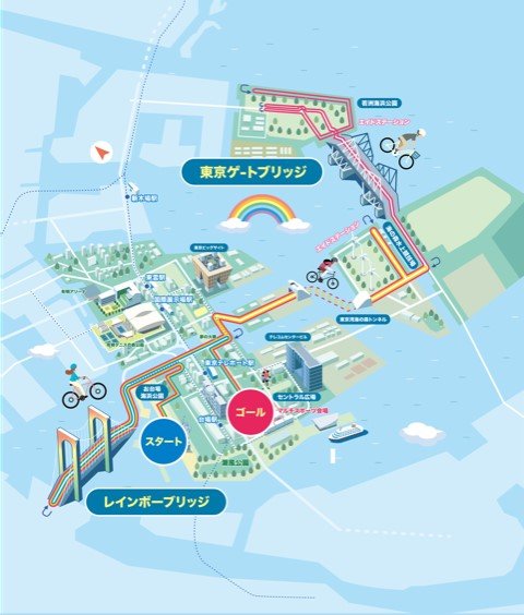 「GRAND CYCLE TOKYO レインボーライド 2024」のマップ。レインボーブリッジや東京ゲートブリッジの「人気二大ブリッジ」を自転車で走り抜ける