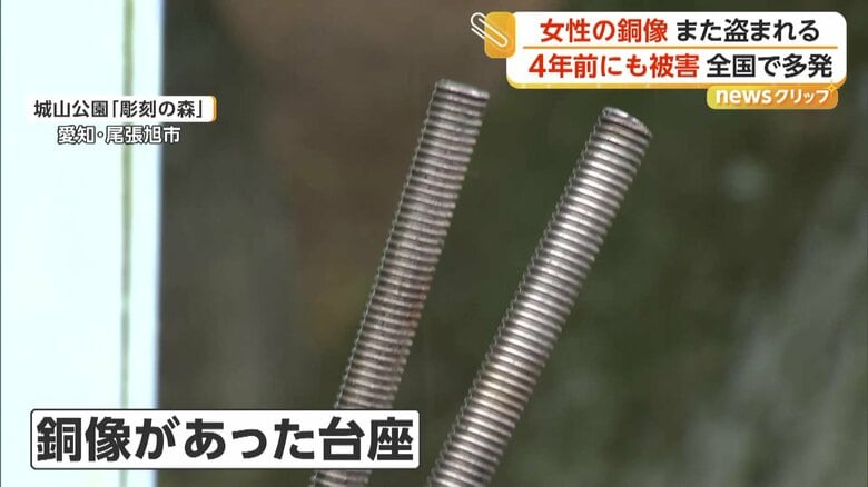 像を固定していたとみられる金属の棒2本だけが残されていた台座