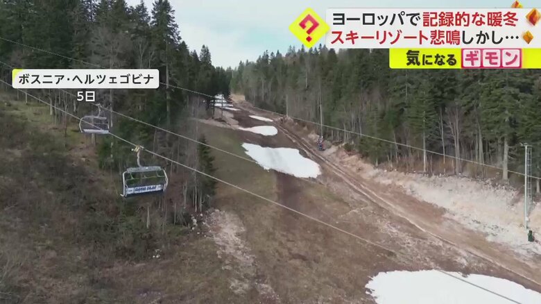記録的暖冬で、スキー場の斜面にはわずかな雪しかない（5日　ボスニア・ヘルツェゴビナ）