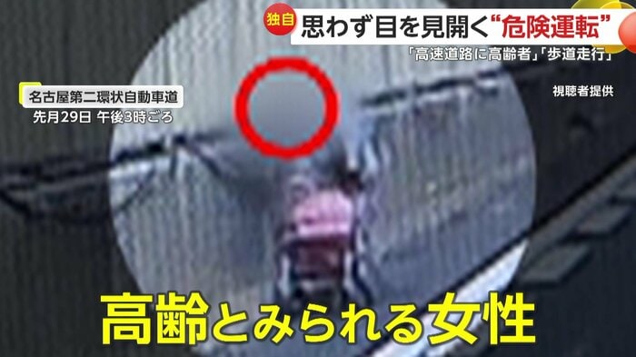 路肩で手押し車を押しながら歩いていた高齢とみられる女性(視聴者提供)