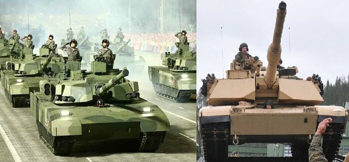 北朝鮮のM-2020戦車(左)(朝鮮労働新聞・2022年4月26日)と米陸軍M1エイブラムス戦車(右)(米国防総省公式画像より)