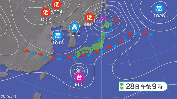 天気図　28日午後9時の予想