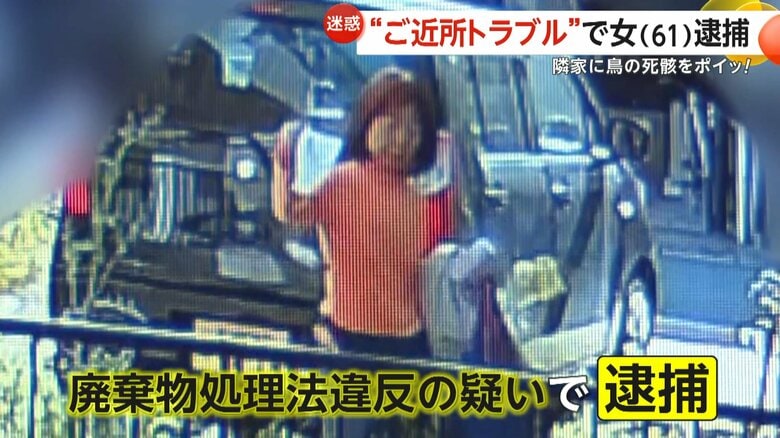 「殺すぞ死ね」一部白骨化した鳥の死骸を隣家に投げ捨てた疑い…無職の61歳女を逮捕　夜中に叫び声や騒音など警察への相談50件以上　愛知・東郷町｜FNNプライムオンライン