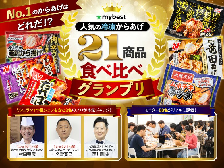 月間3,000万人が利用する商品比較サービスを運営する「マイベスト」専門家3名と一般モニター50名が1番おいしい冷凍からあげを決定！ 「冷凍からあげ 21商品食べ比べグランプリ」を開催