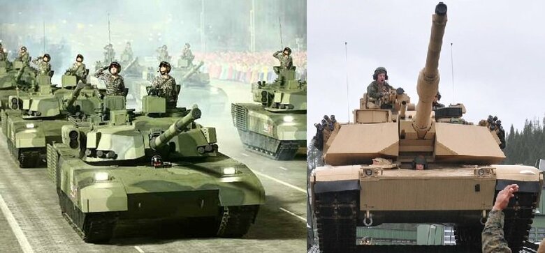 北朝鮮のM-2020戦車(左)(朝鮮労働新聞・2022年4月26日)と米陸軍M1エイブラムス戦車(右)(米国防総省公式画像より)