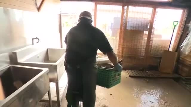 豪雨から5日目　床上1メートル浸水の鮮魚店で片づけ続く　「命があっただけまし」　営業継続に諦めも