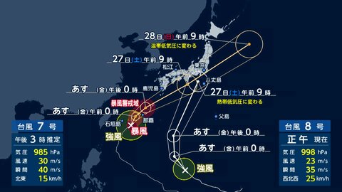 ダブル台風が北上　7号あす沖縄に最接近…27日九州から関東を直撃か　8号は熱帯低気圧に…関東や東海は大雨の恐れ