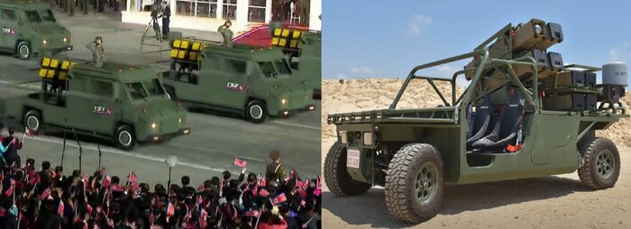 北朝鮮の新型対戦車兵器車載システム(左)(朝鮮労働新聞・2022年4月26日)、スパイク対戦車ミサイル車載型システム(右)(ラファエル社HPより)