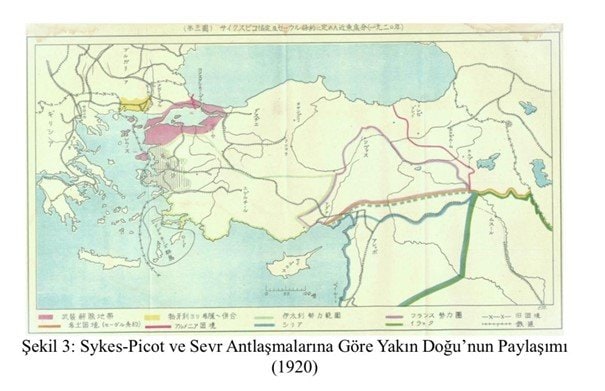 1920年サイクス・ピコ条約とセーブル条約によるオスマン帝国の分割(『君府海峡通航制度史論』より引用)