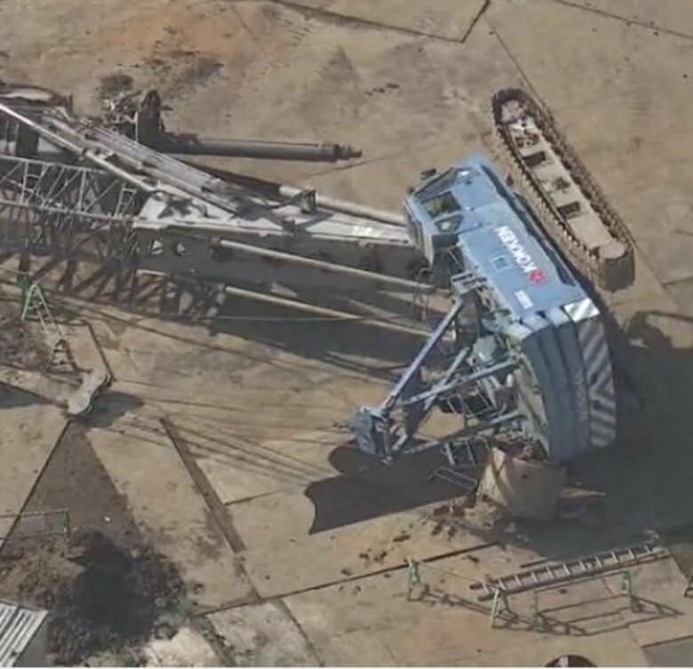 【速報】マンション建設現場で大型クレーンが転倒　工事関係者1人が重機にはさまれケガ　歩道まで倒れ込み一時騒然　大規模な再開発が進む駅前で　滋賀・大津市｜FNNプライムオンライン