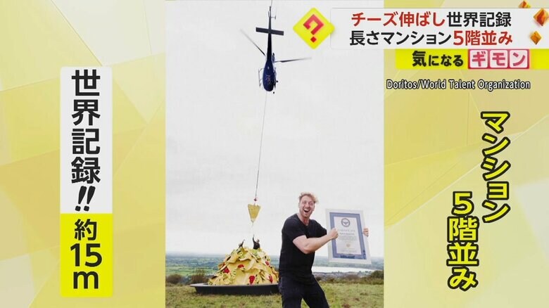 “チーズ伸ばし”の世界記録樹立　ヘリで伸ばした長さは“約15m”　チェダーチーズ発祥の地で　イギリス｜FNNプライムオンライン