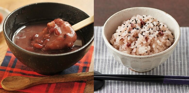 オススメする食べ方（左：ぜんざい　右：甘いお赤飯）