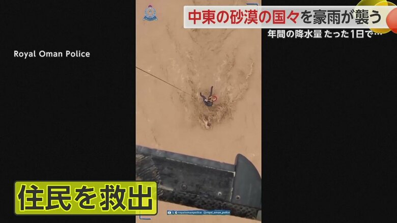 ヘリから降下した救助隊員が濁流にのまれた人を救助する一部始終