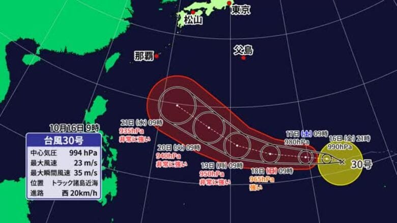 台風３０号最新情報“非常に強い勢力”で２１日に沖縄の南へ　愛媛の宇和海で高波の予想【愛媛】｜FNNプライムオンライン