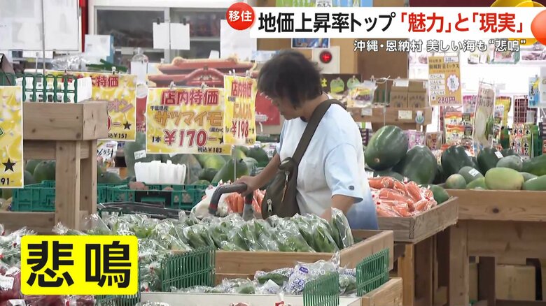 ゴーヤーやヘチマなど、沖縄ならではの食材がずらりと並ぶスーパー