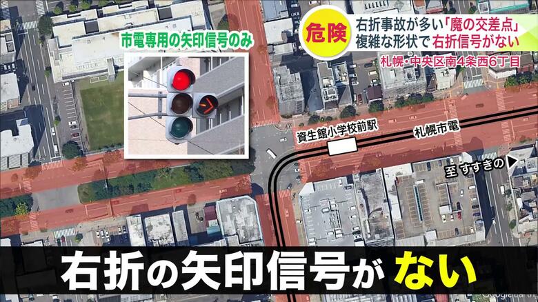 この交差点には一般の車両用の右折の矢印信号がない
