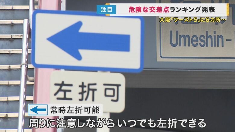 梅新東交差点　「常時左折可能」の標識