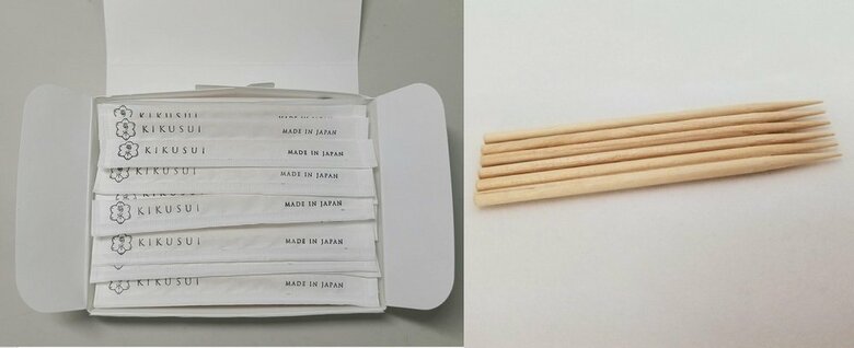 検品している商品「きくすい 日本製 純国産 しらかば楊枝 袋入 約45本入」