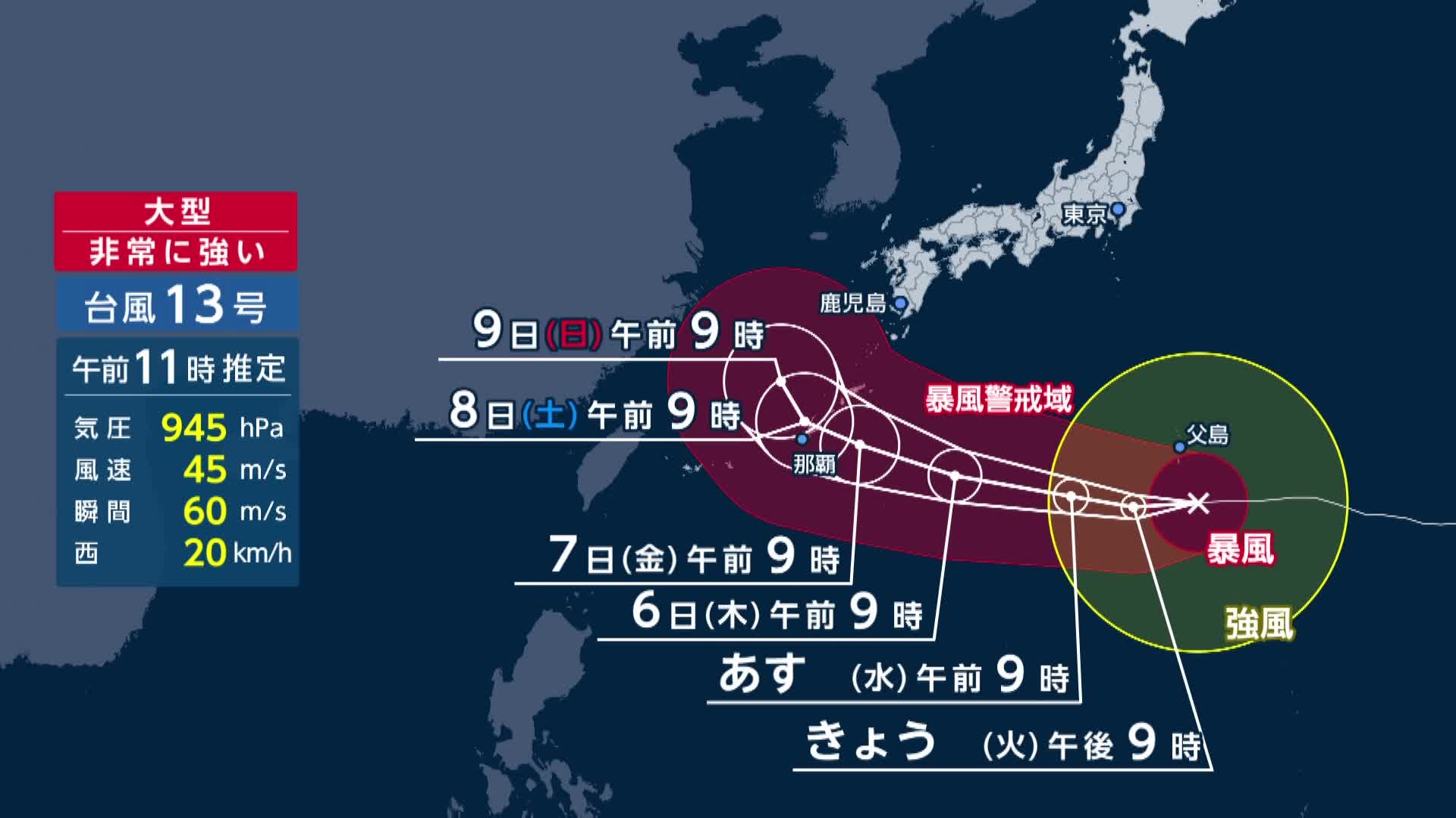 【台風情報】台風13号　小笠原諸島に最接近　今週金曜～土曜にかけ強い勢力で沖縄本島、奄美地方へ直撃の可能性