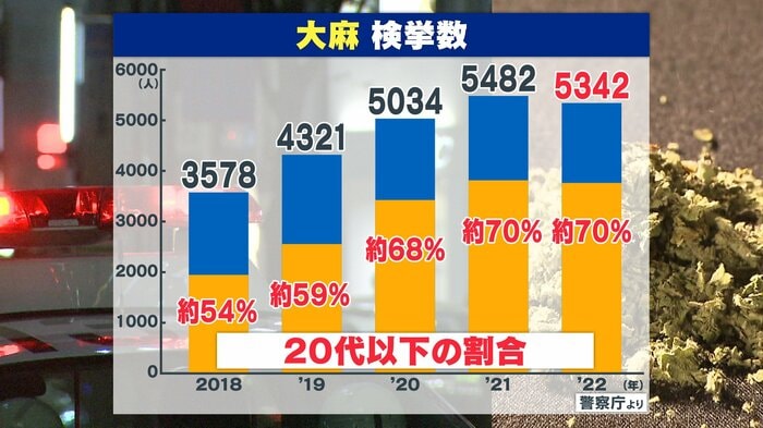 過去5年間の、大麻での検挙数。近年は20代以下が7割を占め、10代で初めて使用するケースが増加