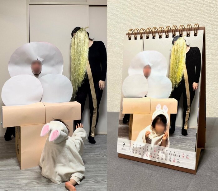 左:9月に使う家族写真の撮影中。右:卓上タイプのカレンダー(提供:ぺんこさん)