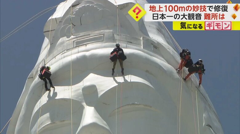 【地上100mの現場】高さ日本一の観音像「仙台大観音」頭からロープ1本でぶら下がる　建立後初の修復工事　仙台｜FNNプライムオンライン