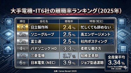 【人的資本調査：大手電機・IT6社】離職率×WLB分析（2025年）｜平均離職率3.16%、全産業平均3.34%に迫る「流動化」の実態