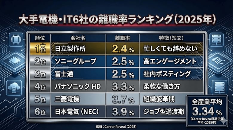 【人的資本調査：大手電機・IT6社】離職率×WLB分析（2025年）｜平均離職率3.16%、全産業平均3.34%に迫る「流動化」の実態