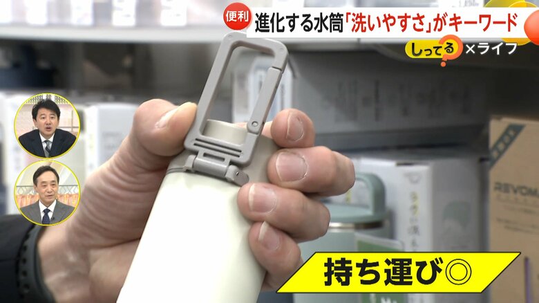 持ち運び安くなるよう取っ手が付いたものも多くなっている水筒