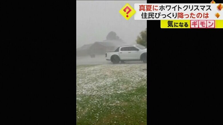緑の芝の上に真っ白なひょうが積もっている