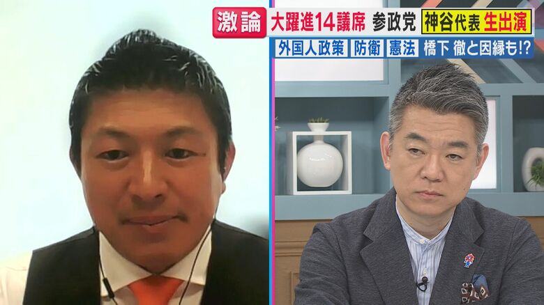 神谷代表と橋下氏（関西テレビ「旬感LIVE とれたてっ！」より）