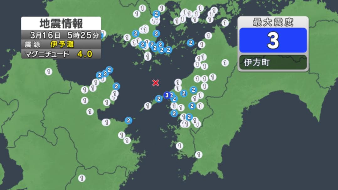 【地震速報】大竹市で震度２、呉市などで震度１　愛媛県で震度３の地震　震源は伊予灘　Ｍ４．０