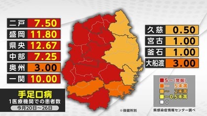 手足口病の流行拡大　警報レベル超　8週連続の増加　岩手県　