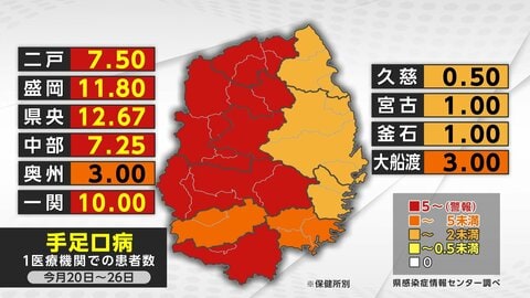 手足口病の流行拡大　警報レベル超　8週連続の増加　岩手県　