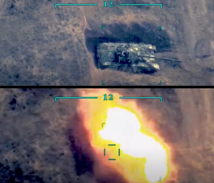 MAM-L爆弾の標的の戦車(上)MAM-L爆弾が標的戦車に命中、爆発(下)