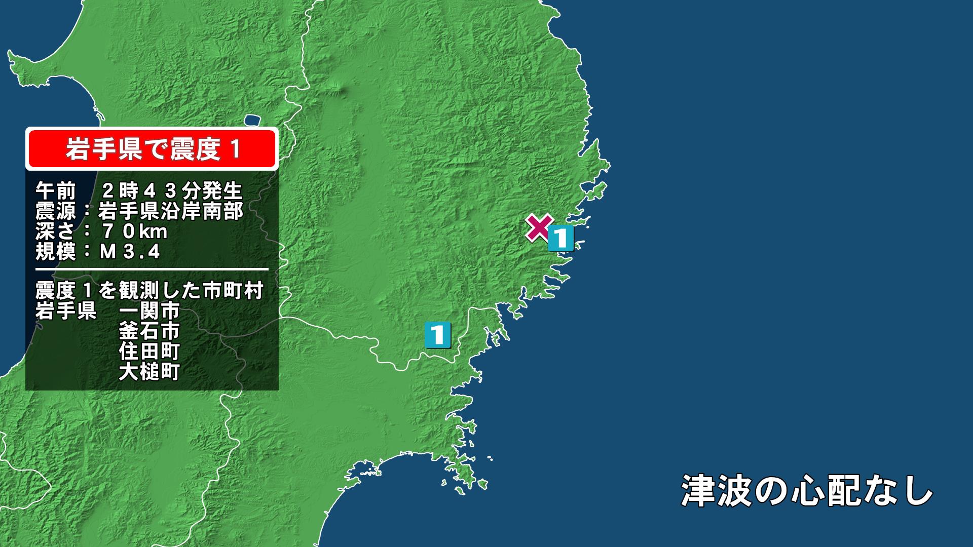 岩手県で最大震度1の地震　岩手県・釜石市、住田町、大槌町、一関市