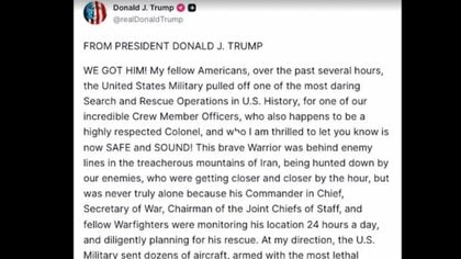 イランに撃墜され行方不明だった米軍F-15E戦闘機の乗員を救出　トランプ大統領「負傷しているがすぐに回復するだろう」