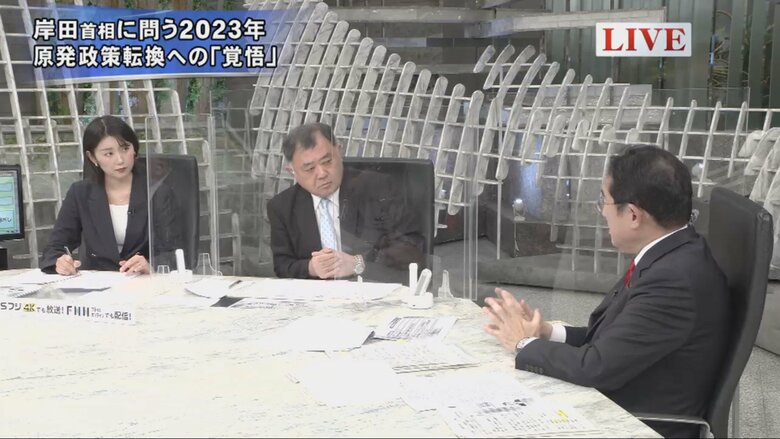 新美有加キャスター（左）、反町理キャスター（中）、岸田文雄首相