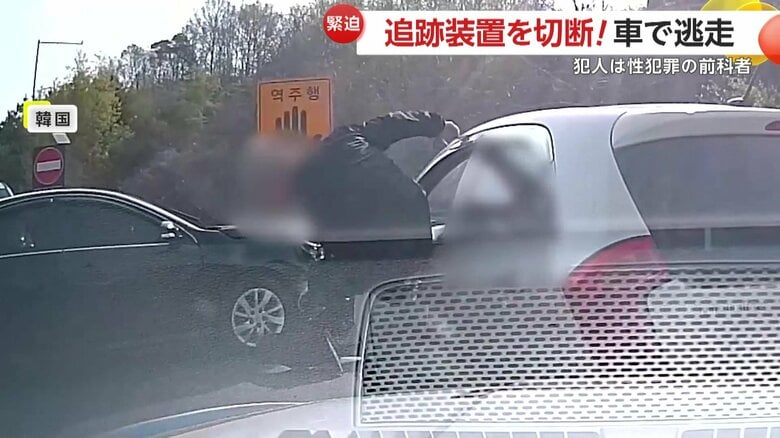 車から飛び降り、駆け足で山のほうへ逃走していった男
