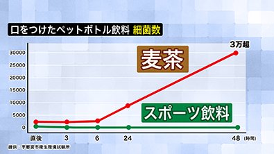 口をつけたペットボトルの麦茶とスポーツ飲料の細菌数比較