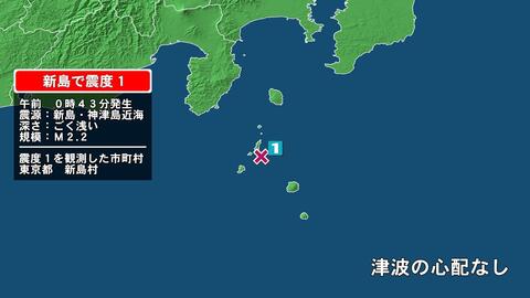 東京都で最大震度1の地震　東京都・新島村