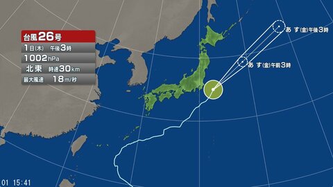 【台風情報】台風26号の進路予想は　1日午後3時現在、銚子市の東南東約180キロ、中心気圧1002ヘクトパスカル、瞬間風速25メートル