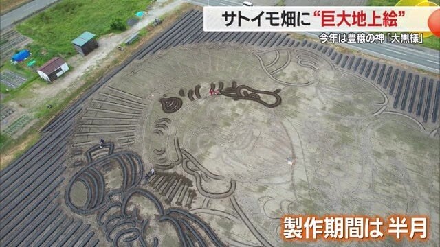 広大な畑に絵を描きサトイモを植えていくのは想像以上に大変な作業