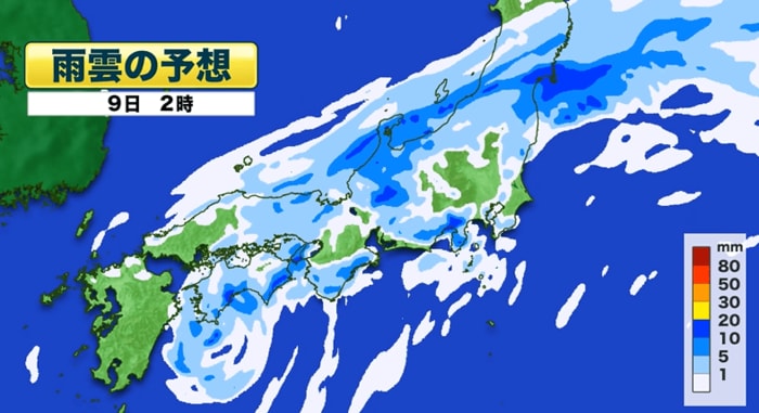 雨雲の予想　9日午前2時