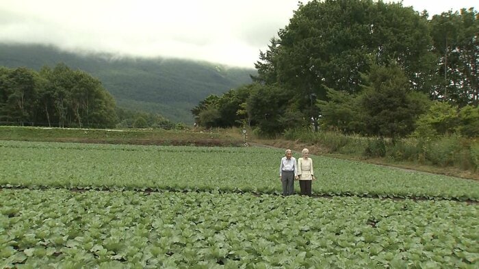 キャベツ畑をご覧になる上皇ご夫妻 軽井沢・大日向地区