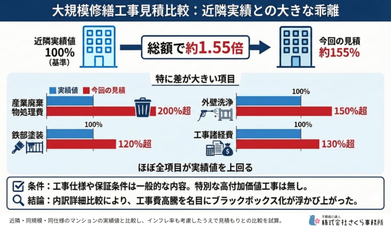 近隣実績の約1.5倍に膨らんだ見積り──内訳の大半が相場超え